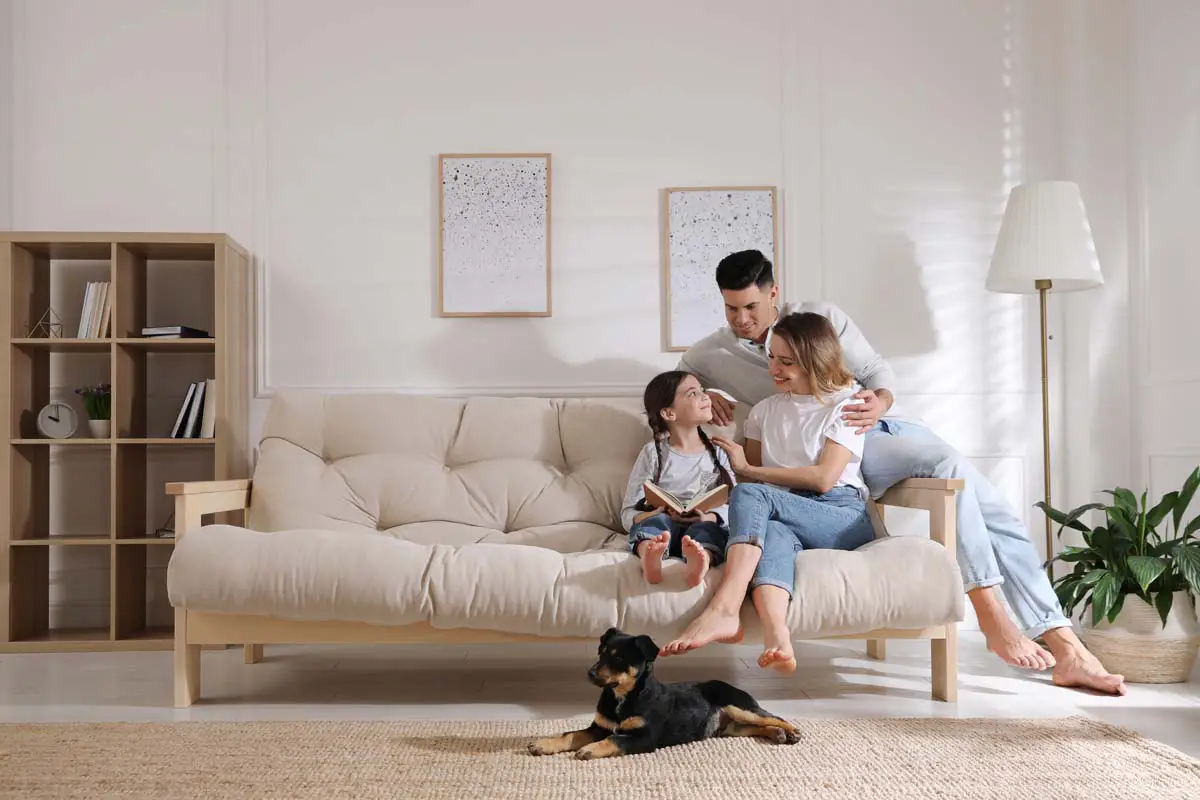 Family with their dog at home
