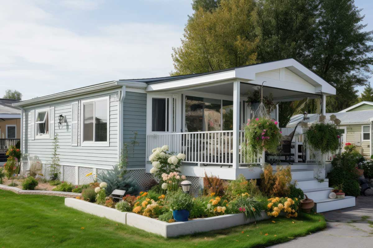 Well-kept manufactured home with a flower-lined porch