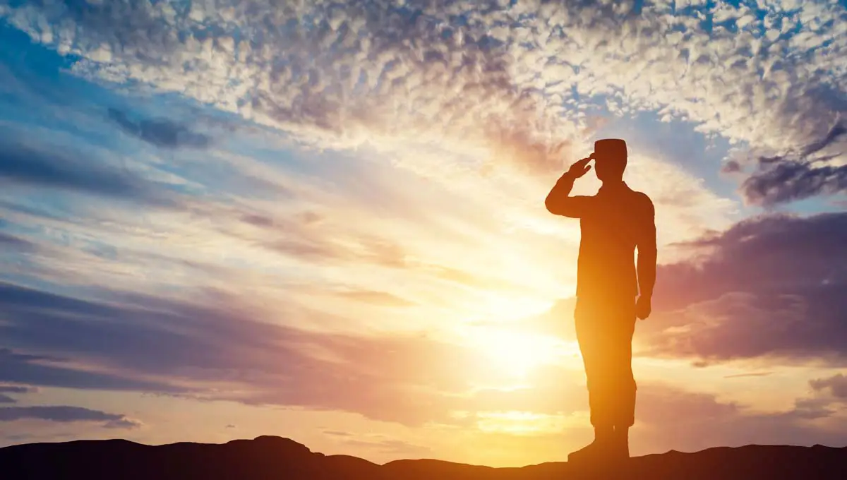 Silhouette of a service member saluting against a sunset sky